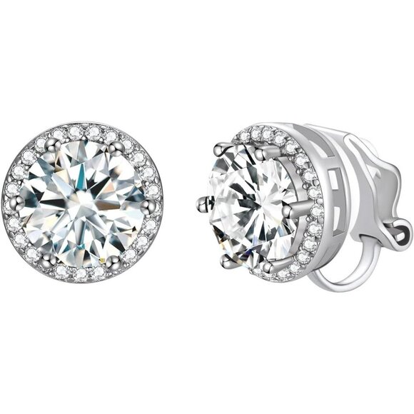 Jewelry - 925 Silver Round Birthstone Clip-On Earrings for Women Girls Sparkling Zirconia